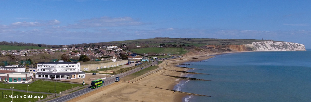Aerial view of Sandown with the Southern Vectis bus travelling along the seafront on the Isle of Wight